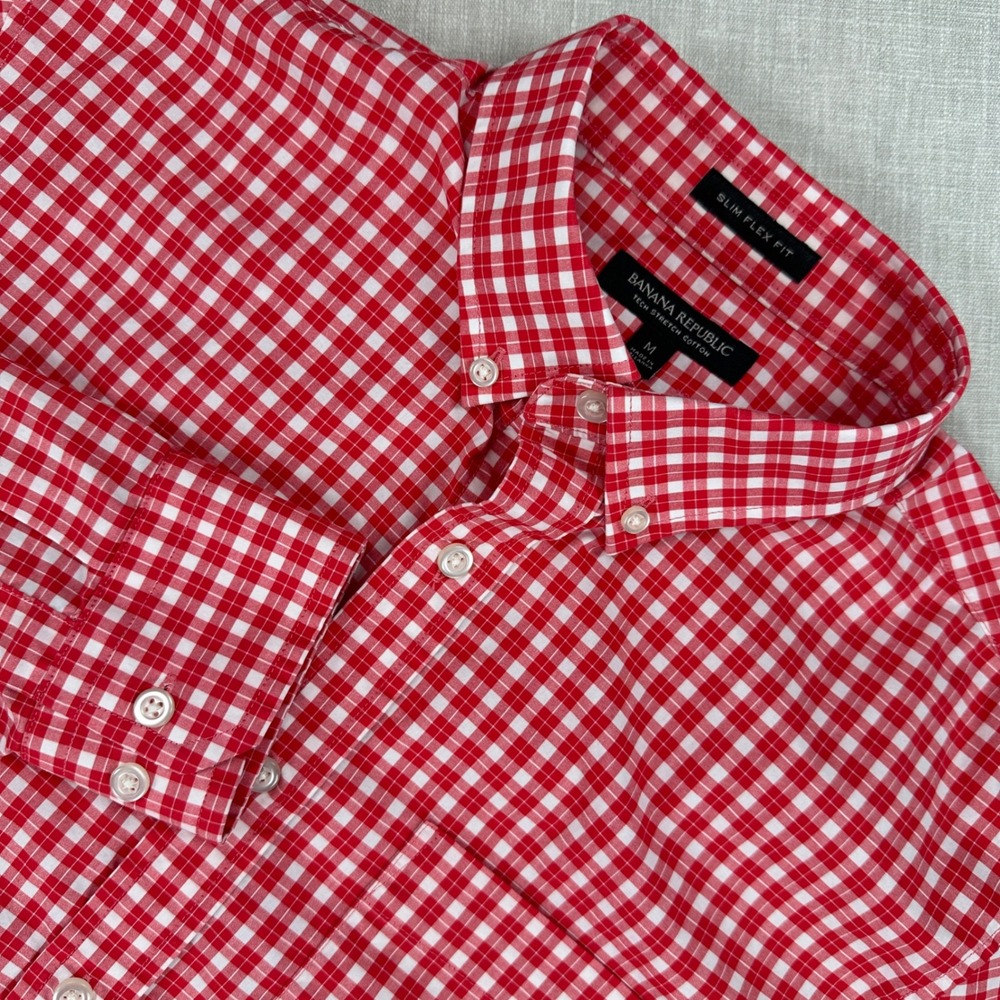 Banana Republic Button Down Mens M Red Gingham Slim Flex Fit Tech Stretch Cotton